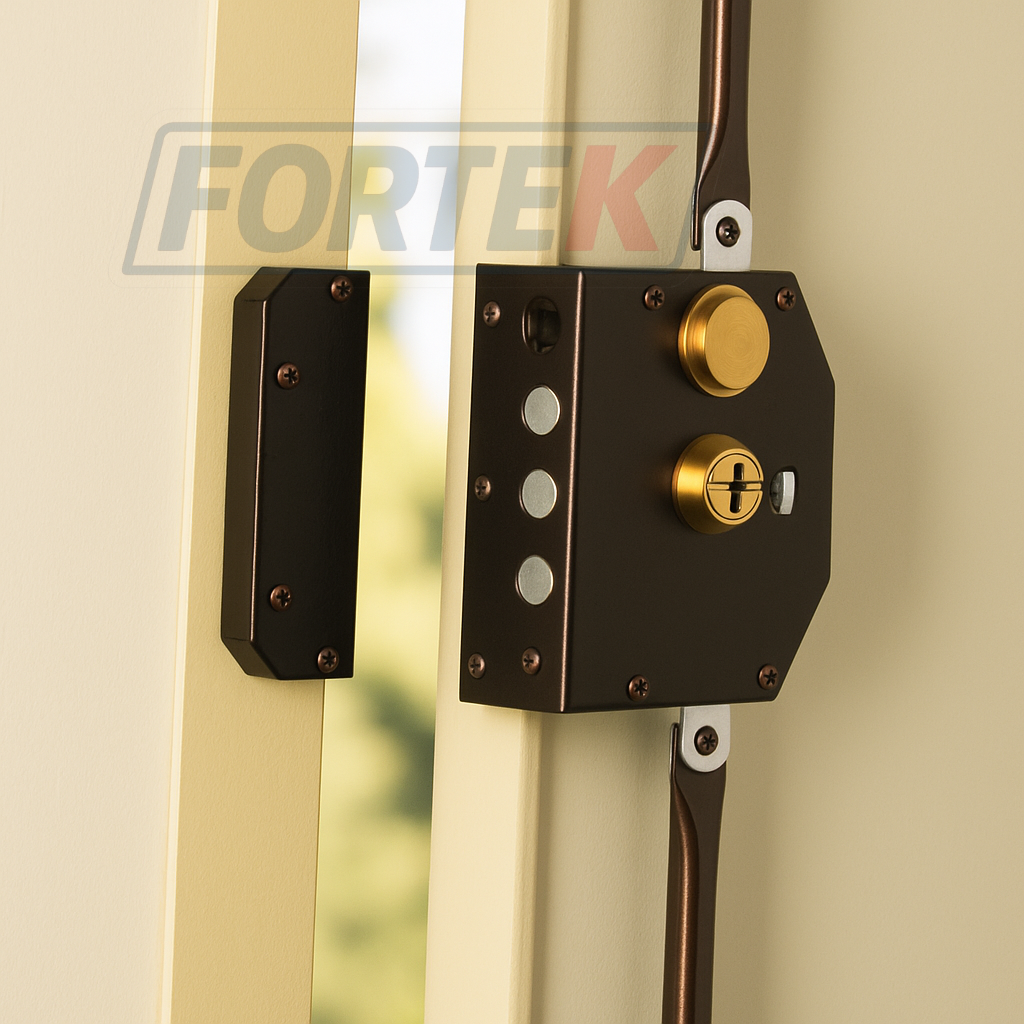 Serrure en applique posée en surface sur une porte, installation de sécurité